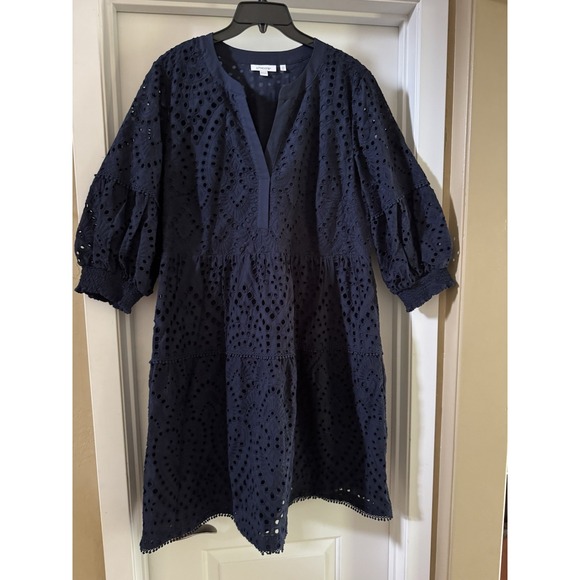 Chico's Dresses & Skirts - Chico's Navy Blue Eyelet Tiered Dress Size 14 100% Cotton, Lined, V-Neck